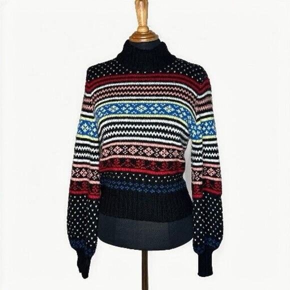 American Eagle Black Mock Neck Fair Isle Sweater Womens XS Balloon Sleeve READ - Picture 3 of 9